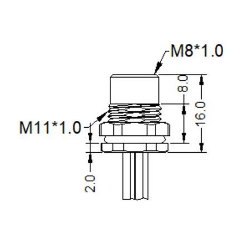 M8 3pins A code female straight front panel mount connector,unshielded,single wires,brass with nickel plated shell